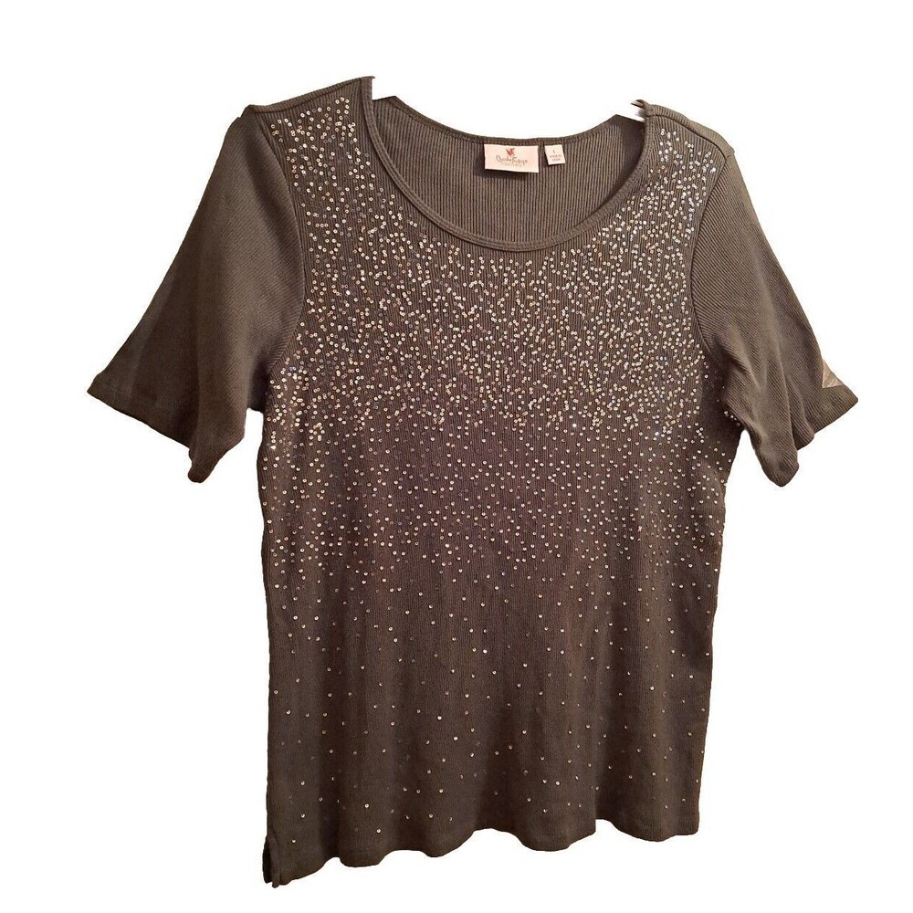 Quacker Factory Top Women's Size L Green Ribbed Sequin  Short Sleeve Shirt